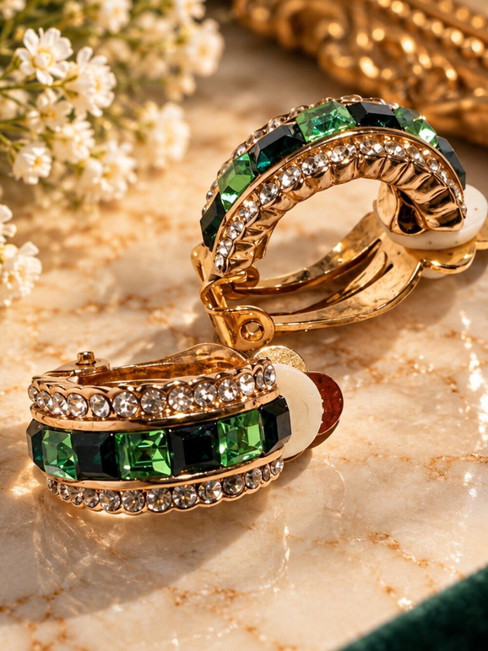 Vintage Green Rhinestone Clip-On Hoop Earrings